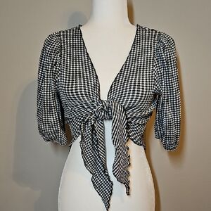 Monkl Black and White Gingham Tie-Front Crop Top Size Medium